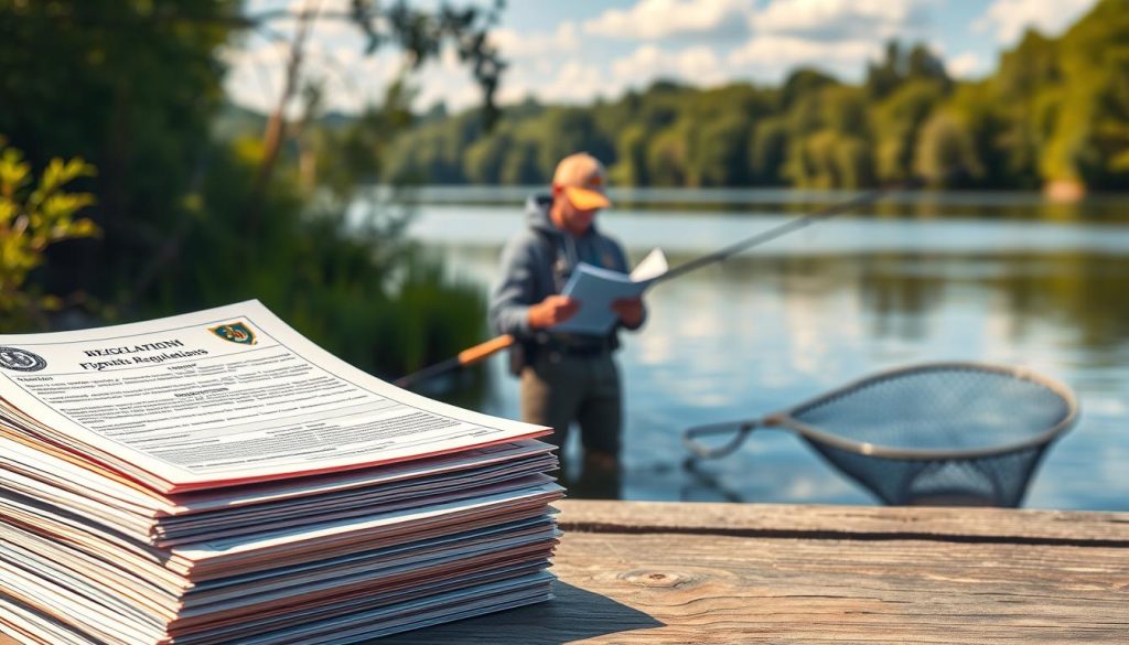 Detailed illustration of fishing regulations in Ukraine. In the foreground, a stack of official documents, representing the required permits and licenses. In the middle ground, a fisherman carefully reading through the regulations, a fishing rod and net beside him. In the background, a serene lake or river scene, with lush greenery and clear skies. Warm, natural lighting casts a soft glow, creating a sense of tranquility. The overall mood conveys the importance of understanding and adhering to the legal framework for recreational fishing in the region.