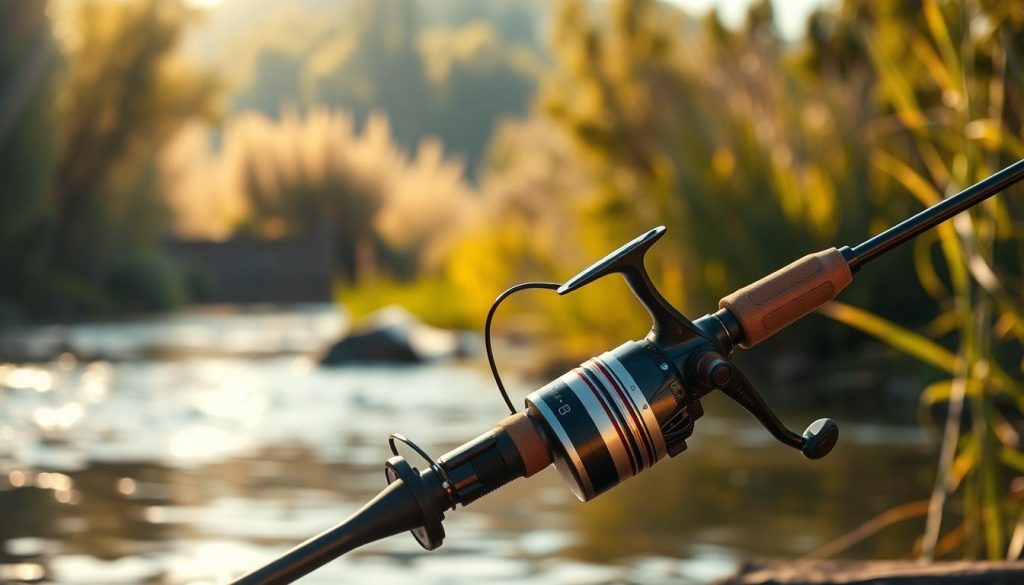 Detailed image of high-quality spinning fishing rods for pike fishing. The rods are displayed prominently in the foreground, showcasing their construction, materials, and design features. In the middle ground, a natural river or lake setting with lush vegetation and calm waters creates an immersive outdoor atmosphere. The background is softly blurred, maintaining the focus on the fishing equipment. Warm, natural lighting illuminates the scene, casting a golden glow and creating long, dramatic shadows. The overall composition and styling convey a sense of quality, professionalism, and the joy of pike fishing with the best equipment.