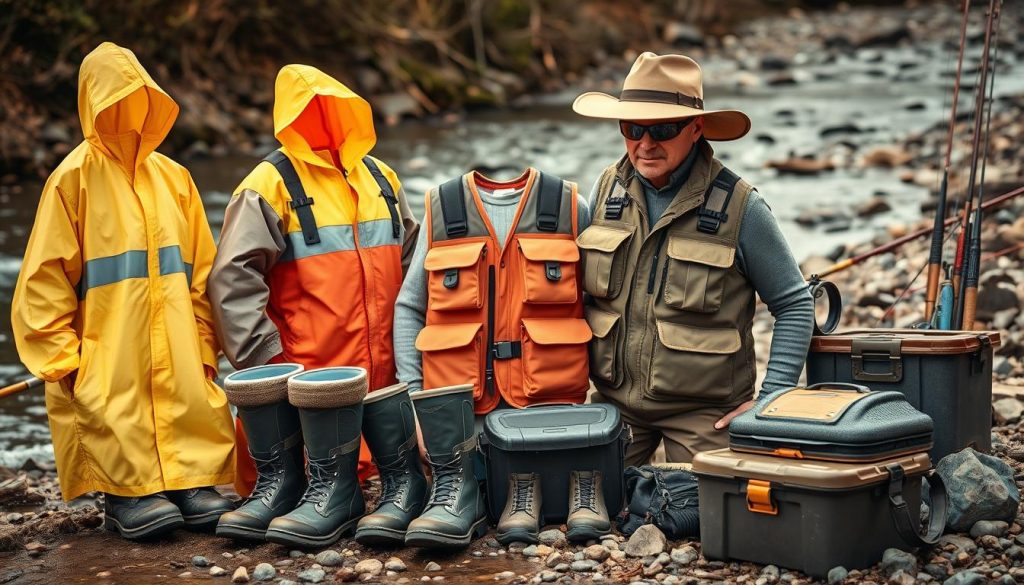 Detailed outdoor scene depicting an array of protective fishing accessories. In the foreground, a collection of high-visibility rain ponchos, breathable wading boots, and thick neoprene gloves. The middle ground showcases sturdy fishing vests with multiple pockets and reinforced shoulders, alongside polarized sunglasses and wide-brimmed hats. In the background, rugged fishing rods, tackle boxes, and a freshwater stream with a rocky shoreline. Diffused natural lighting casts a warm, earthy tone across the scene, highlighting the durable, functional nature of the equipment. The overall composition conveys a sense of preparedness and safety for a successful, well-equipped fishing excursion.