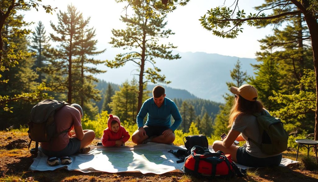 Detailed outdoor scene of a group planning a hiking trip in a lush, verdant forest. In the foreground, hikers gather around a topographic map laid out on a picnic blanket, discussing their route and gear. Warm sunlight filters through the canopy of trees in the middle ground, casting dappled shadows on the forest floor. In the background, a serene mountain landscape rises up, hazy blue peaks stretching to the horizon. The mood is one of anticipation and preparation, with a focus on sustainable, nature-conscious travel.