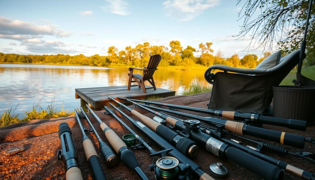 Detailed scene of a carp fishing setup on the bank of a tranquil lake. In the foreground, an array of specialized carp fishing rods, reels, and terminal tackle laid out neatly. In the middle ground, a weathered wooden platform with a padded chair, overlooking the still water. In the background, a lush, verdant shoreline with swaying trees and a picturesque sky with warm, golden natural lighting. The composition evokes a sense of peaceful contemplation and expert angling technique.