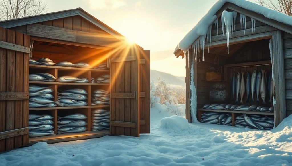 Detailed scene of summer and winter fish storage. In the foreground, a wooden shed with open doors reveals shelves laden with fresh seafood. Rays of warm sunlight stream through the entrance, casting a golden glow. In the background, a similar shed covered in snow, with icicles hanging from the roof. Inside, the stored fish appear preserved in the chilly air. Combine these contrasting environments to showcase effective storage methods for varying seasonal conditions. Use realistic textures, subtle lighting, and muted colors to convey the practical and functional nature of the scene.