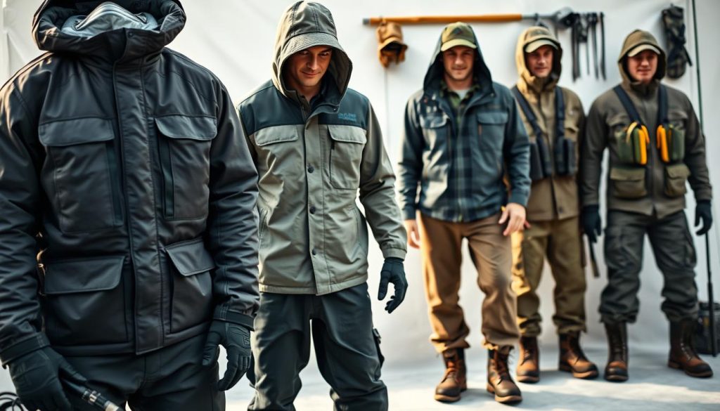 Detailed seasonal fishing attire, featuring a range of specialized garments for different weather conditions. In the foreground, a warm, insulated jacket with waterproof outer shell, complemented by durable, breathable pants. The middle ground showcases a lightweight, moisture-wicking shirt paired with quick-drying, flexible trousers. In the background, a selection of accessories like weatherproof hats, gloves, and boots, all designed to provide comfort and protection for the avid angler. The lighting is natural, with a soft, diffused quality, capturing the nuances of the various fabrics and textures. The overall mood is one of practicality and preparedness, reflecting the diverse needs of the Ukrainian fishing enthusiast.