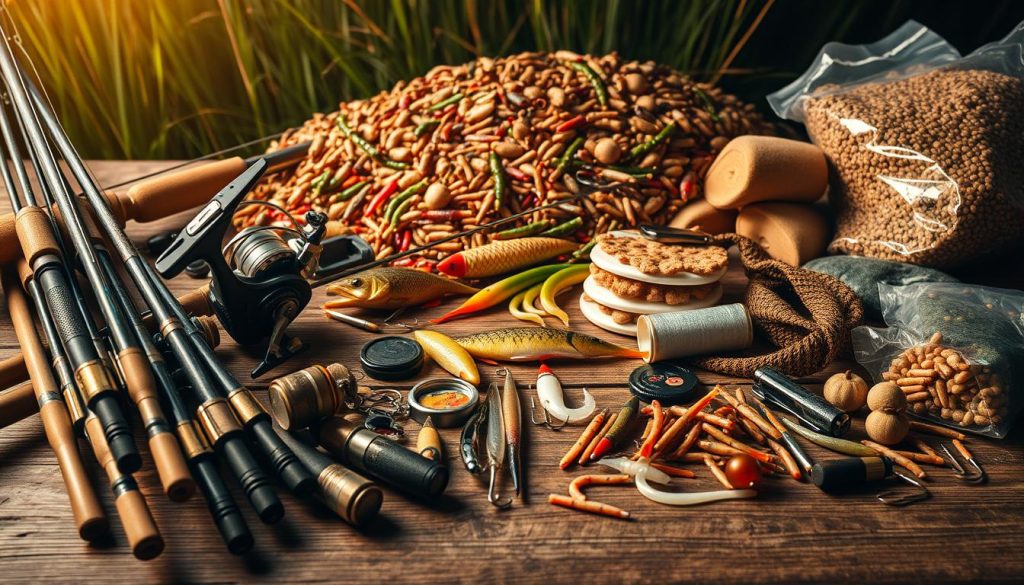 Detailed still life depicting an assortment of fishing gear and bait for catching Tench. In the foreground, an array of high-quality rods, reels, and line arranged neatly on a wooden surface. In the middle ground, various lures, hooks, and other accessories laid out with care. In the background, a sizable pile of natural bait such as worms, maggots, and groundbait, suggesting a comprehensive setup for successful Tench fishing in dense vegetation. Warm, natural lighting casts a soft glow over the scene, creating an inviting, almost nostalgic atmosphere. The composition is balanced and visually pleasing, showcasing the essential tools and baits for an effective Tench fishing expedition.