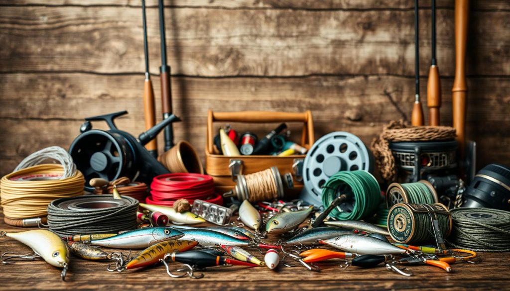 Detailed still life depicting an assortment of fishing gear and tackle against a rustic wooden background. In the foreground, various lures, hooks, and line coils are neatly arranged. The middle ground showcases a collection of rods, reels, and a tackle box. In the background, a textured wooden wall provides a natural, earthy ambiance. Soft, warm lighting casts a gentle glow over the scene, highlighting the textures and colors of the fishing equipment. The composition conveys a sense of organization, preparation, and the anticipation of a successful fishing expedition.