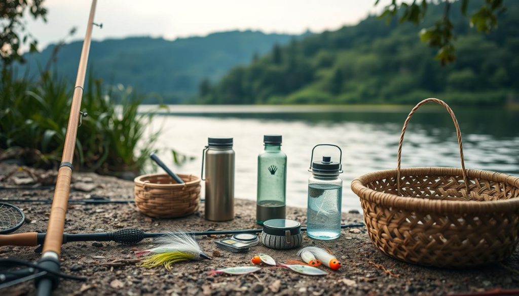 Environmentally responsible fishing gear: a serene lakeside scene with a bamboo fly rod, biodegradable lures, and a woven fish basket in the foreground; a middle ground featuring reusable water bottles and a solar-powered lantern; and a background showcasing lush vegetation and a tranquil, untouched shoreline, all illuminated by soft, natural lighting and captured with a wide-angle lens to convey a sense of harmony between the angler and the natural environment.