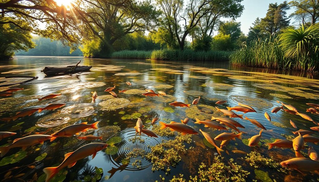 Expansive riverine ecosystem of the Dnieper River, Ukraine. A lush mosaic of aquatic vegetation, submerged logs, and diverse fish species populating the tranquil waters. Sunlight filters through the canopy of overhanging trees, casting a warm, golden glow across the scene. In the foreground, schools of vibrant carp and pike glide gracefully, while the middle ground reveals the intricate web of plant life clinging to the riverbed. The distant banks are adorned with tall reeds and verdant foliage, creating a sense of serene natural abundance. Dramatic, high-resolution photography captured with a wide-angle lens to emphasize the richness and scale of this vital freshwater habitat.