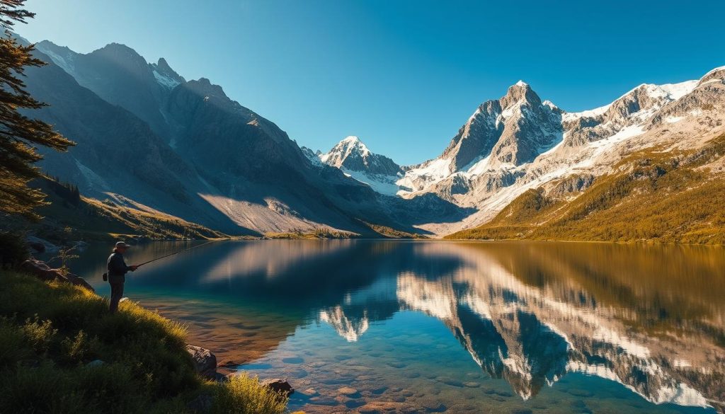 High-altitude alpine lakes nestled amidst rugged, snow-capped peaks, with crystal-clear waters reflecting the dramatic mountainous landscape. Serene and tranquil, the scene evokes a sense of solitude and pristine natural beauty. Warm afternoon sunlight casts a warm glow over the scene, illuminating the vibrant greens of the surrounding lush foliage. A lone fisherman casts his line into the still waters, his silhouette mirrored in the glassy surface, capturing the essence of peaceful recreation in these remote and stunning natural sanctuaries.