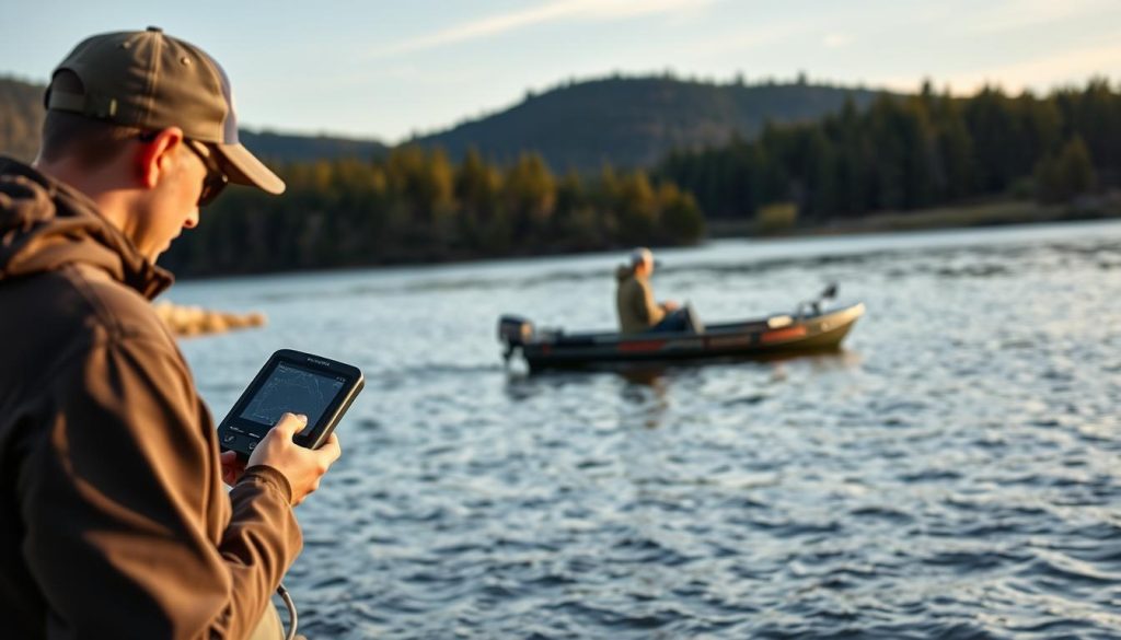 High-detail landscape scene of a fishing expedition with a handheld fishfinder (echosounder) device, showcasing its use both from the shore and a small boat on a lake or river. The foreground features a person using the fishfinder while standing on the shoreline, examining the display. In the middle ground, a small boat is visible on the water, with another person operating a similar fishfinder device. The background depicts a picturesque natural setting with trees, hills, and a calm body of water. Lighting is natural, with soft, diffused illumination. The mood is serene and contemplative, reflecting the peaceful ambiance of an angling excursion.