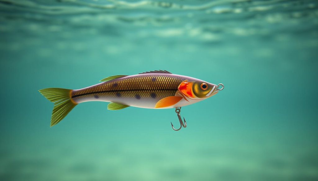 High-quality photograph of a fishing lure in motion, suspended underwater against a blurred, aquatic background. The lure is a detailed, anatomically accurate, multi-colored hard plastic wobbler with a distinctive shape and profile designed for deep water retrieves. It is shown in a natural, life-like pose, gently undulating as if swimming. The water surrounding the lure is crystal clear, with muted colors and soft lighting to create a serene, immersive atmosphere. The composition emphasizes the depth and three-dimensionality of the scene, drawing the viewer's focus to the precise, technical aspects of the lure's action and diving capabilities.