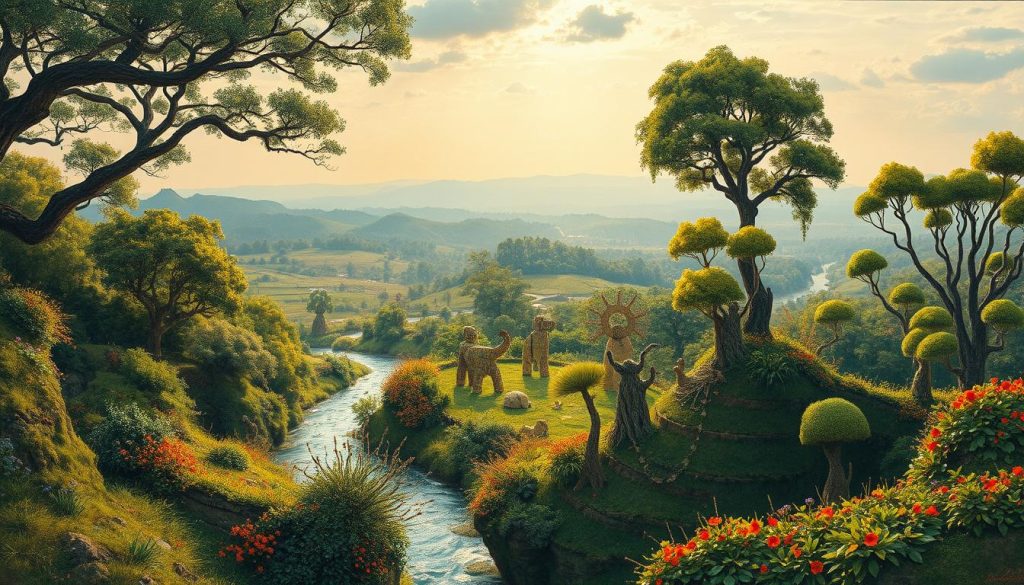 Intricate interplay of nature and art, a canvas of vibrant colors and organic forms. In the foreground, bold brushstrokes of earthy hues depict a lush, verdant landscape - winding rivers, towering trees, and flourishing flora. The middle ground showcases whimsical sculptures and installations crafted from recycled materials, blending seamlessly with the natural environment. Shafts of warm, golden light filter through the canopy, casting a serene, dreamlike ambiance. In the background, a sweeping vista of rolling hills and distant mountains, hinting at the boundless inspiration found in the natural world. This image captures the harmonious fusion of ecology and artistic expression, a testament to the rejuvenating power of nature.