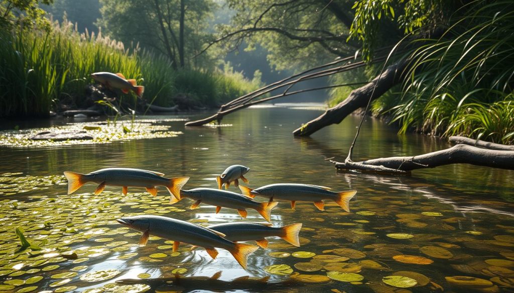 Lush riverine habitat with dense aquatic vegetation and submerged logs, banks lined with tall grasses and overhanging trees. A serene, tranquil scene bathed in soft, diffused natural lighting. In the foreground, a school of pike gliding effortlessly through the clear, gently flowing waters. In the middle ground, a large zander lurking amongst the submerged branches. In the background, the silhouette of a catfish emerging from the murky depths. The overall mood is one of peaceful coexistence, highlighting the diverse and interconnected ecosystem that supports these three iconic freshwater fish species.