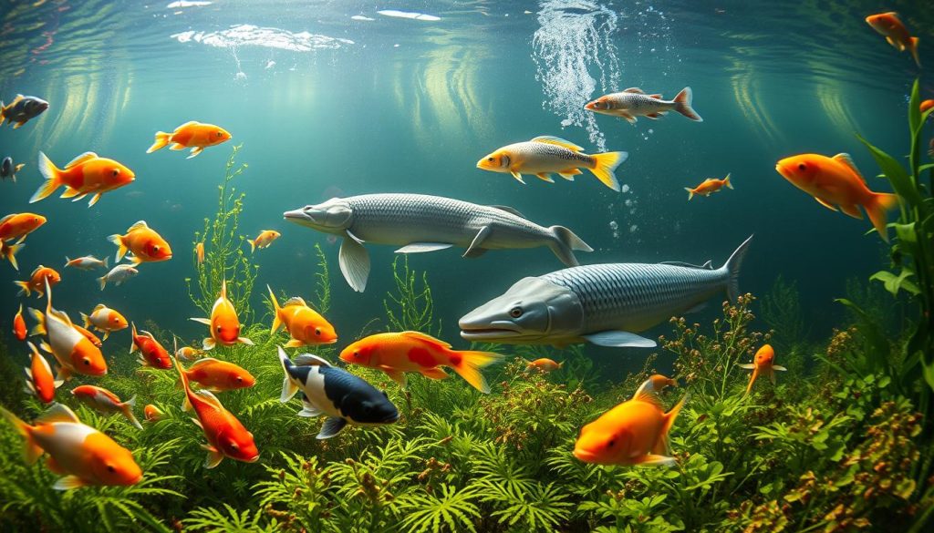 Lush underwater scene showcasing a vibrant array of popular fish species found in Ukraine. In the foreground, a school of colorful koi carp gracefully swimming amidst a shimmering bed of aquatic plants. In the middle ground, a majestic sturgeon glides by, its armored scales gleaming. Beyond, a trio of imposing wels catfish lurk in the shadowy depths, while a bright-orange goldfish darts across the frame. Overhead, natural light filters through the waters, casting a warm, ethereal glow. Captured with a wide-angle lens to accentuate the depth and grandeur of this captivating aquatic ecosystem.