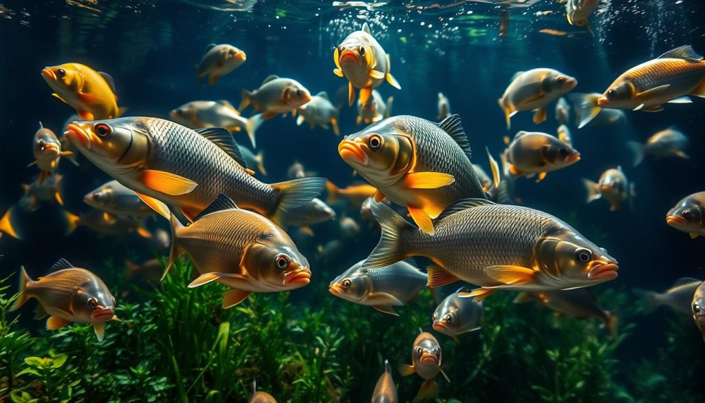 Lush, verdant freshwater aquatic scene featuring a vibrant school of diverse fish species - common carp, silver carp, crucian carp, and European perch. The fish are gracefully swimming amid a tranquil underwater landscape, with sunlight filtering through the water and illuminating their colorful scales. The composition highlights the unique characteristics and natural habitat of these freshwater fish. Detailed, hyper-realistic, award-winning photography, tightly framed, high depth of field.