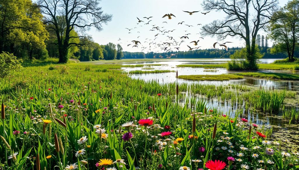 Lush wetlands of the Dnieper Delta, a verdant tapestry of reeds, cattails, and aquatic vegetation. Sunlight dances across the tranquil waters, casting shimmering reflections. In the foreground, a vibrant mosaic of wildflowers blooms, their petals swaying gently in the soft breeze. Tall trees line the riverbanks, their branches spreading out like guardians of this natural sanctuary. Flocks of birds soar overhead, their graceful movements punctuating the serene scene. The landscape is rich in biodiversity, a testament to the Dnieper Delta's ecological importance. Capture the essence of this precious natural wonder, a haven for diverse flora and fauna.