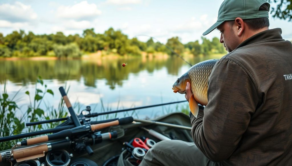 Masterful carp fishing technique in a serene summer setting. In the foreground, a skilled angler carefully presents a tempting bait, their focused gaze observing the water's surface for any telltale signs of a trophy carp. The middle ground reveals an array of specialized carp fishing gear - rods, reels, terminal tackle, all meticulously prepared. The background depicts a tranquil lakeside scene, with lush green foliage and a mirrored reflection of the sky, creating a calming atmosphere conducive to patient, calculated angling. The lighting is soft and natural, emphasizing the serene, contemplative nature of the endeavor. A scene that captures the essence of successful summer carp fishing.
