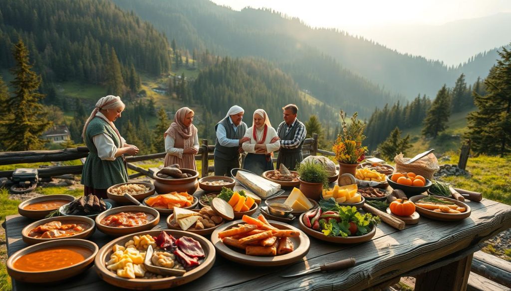 Mountainous landscape in the Carpathians, showcasing the region's rich gastronomic heritage. In the foreground, a rustic wooden table laden with an array of traditional Carpathian dishes - hearty stews, smoked meats, artisanal cheeses, and fresh produce. In the middle ground, local villagers in traditional garb gather around the table, engaged in lively conversation. The background features rolling hills and dense forests, bathed in a warm, golden light filtering through the canopy. The scene evokes a sense of timeless, pastoral tranquility, inviting the viewer to immerse themselves in the culinary delights and cultural traditions of the Carpathian region.