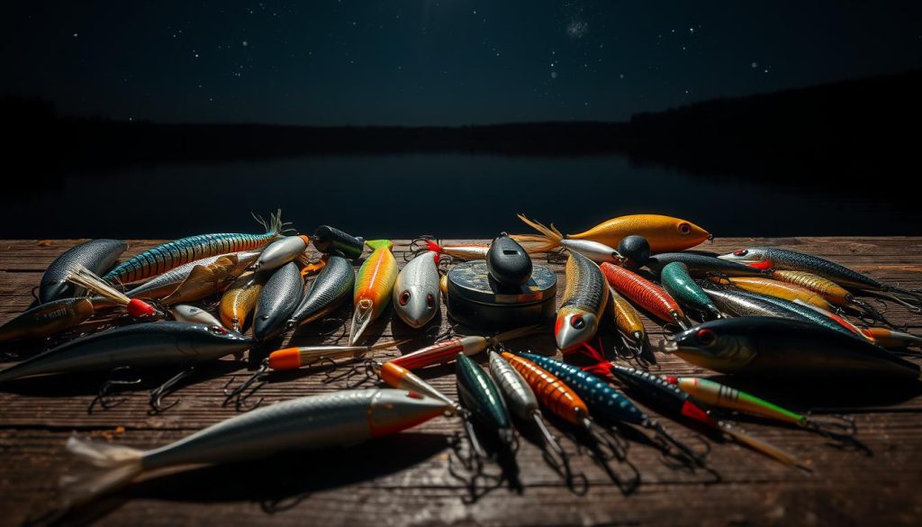 Nighttime lure fishing scene: An array of diverse lures and baits meticulously arranged on a rustic wooden surface, illuminated by a subtle warm glow. Soft shadows cast across the foreground, creating depth and atmosphere. In the background, a tranquil lake or river setting with a starry night sky, hinting at the serene and alluring environment for nocturnal predator fishing. The composition emphasizes the key tackle components - soft plastic swimbaits, jigs, crankbaits, and other specialized lures tailored for night bass or walleye hunting. Textures, colors, and shapes come together to showcase the essential tools for successful late-evening and after-dark gamefish pursuit.