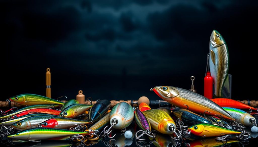 Optimal lures for a predator: a visually striking arrangement of various fishing lures, hooks, and baits against a moody, atmospheric backdrop. The foreground features an assortment of shimmering, life-like lures in vibrant colors and textures, meticulously crafted to attract the most discerning predatory fish. The middle ground showcases different styles of hooks, weights, and terminal tackle, while the background depicts a shadowy, softly-lit environment evoking the tranquil setting of a lake or river. Dramatic lighting accentuates the depth and dimension of the scene, creating a sense of anticipation and the thrill of the hunt.