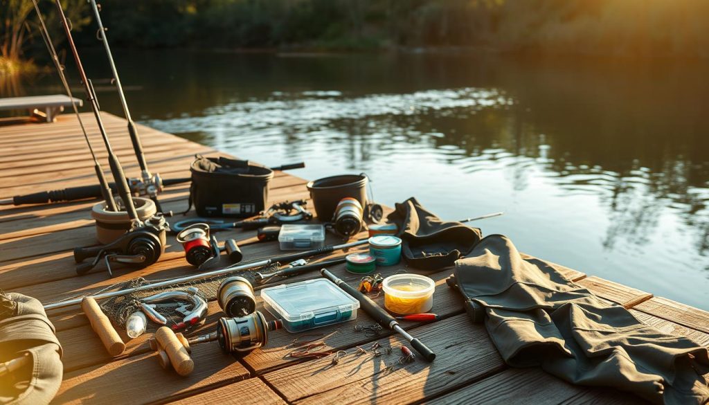 Outdoor fishing gear and equipment laid out on a wooden dock by a tranquil river. Rods, reels, lures, hooks, line, tackle box, net, waders, and other essential tools for successful riverside angling. Warm, golden afternoon sunlight bathes the scene, creating long, soft shadows. The calm, reflective water in the background mirrors the equipment, creating a sense of peaceful harmony. The overall atmosphere is one of preparedness, anticipation, and a reverence for the natural environment that surrounds the fisherman's domain.