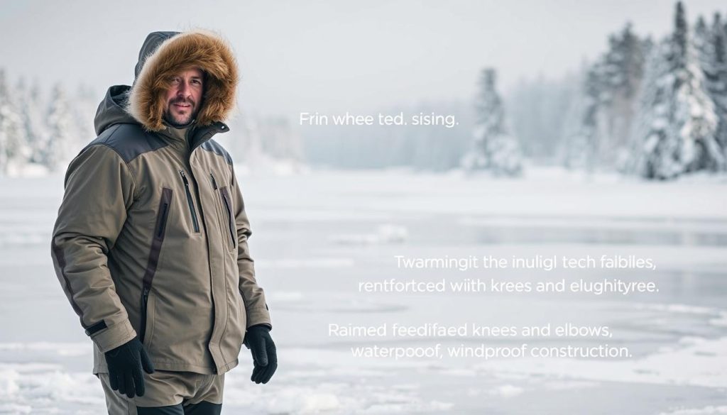 Outdoor winter fishing in a snowy landscape. A man in a warm, insulated thermal suit stands on the ice, his face partially obscured by a fur-lined hood. The suit is designed with high-tech fabrics, reinforced knees and elbows, and waterproof, windproof construction. In the background, a frozen lake surrounded by snow-covered trees. Soft, diffused lighting illuminates the scene, creating a peaceful, serene atmosphere. The thermal suit's features are prominently displayed, showcasing its practical advantages for winter fishing activities.