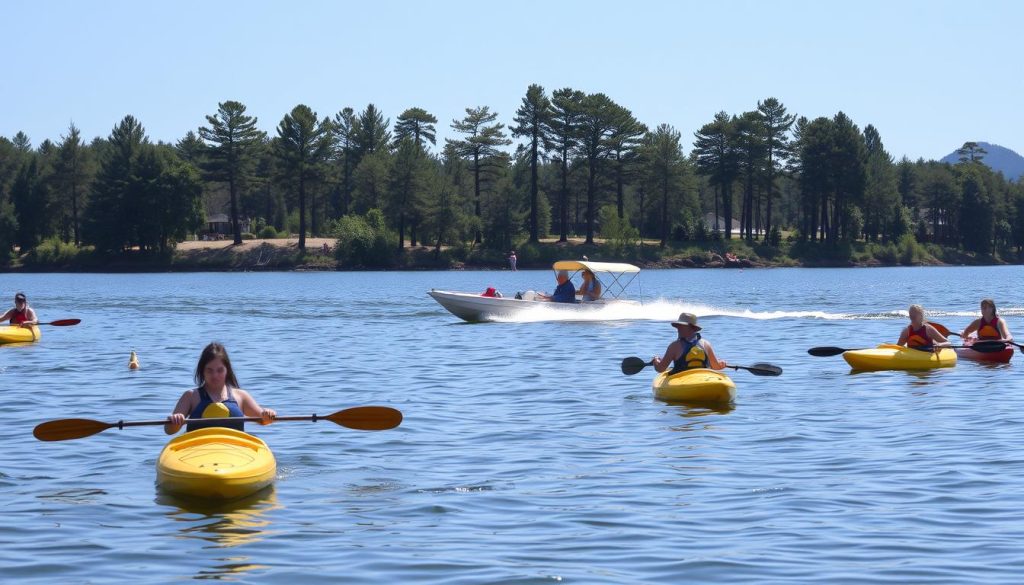 Picturesque lakeside scene with people engaged in various water-based activities. In the foreground, a group of individuals paddle leisurely in rented kayaks, their reflections rippling across the calm surface. In the middle ground, a family enjoys a motorboat ride, wind in their hair as they navigate the glistening waters. In the background, towering pine trees line the shore, casting soft, natural light across the tranquil landscape. The atmosphere is serene and rejuvenating, inviting visitors to immerse themselves in the joys of active water-based recreation.