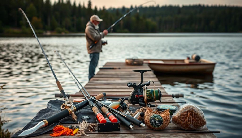 Practical fishing tips: A tranquil lakeside setting, with a sturdy wooden dock extending into the still waters. In the foreground, an array of fishing gear - rods, reels, lures, and bait neatly arranged. The middle ground features a weathered fisherman casting his line, his technique and experience evident in his fluid motion. Ambient natural lighting illuminates the scene, creating a warm, inviting atmosphere. In the background, a verdant forest backdrop sets the stage for a peaceful, immersive fishing experience. The overall composition conveys a sense of serene focus and the wisdom gained from a lifetime of angling adventures.