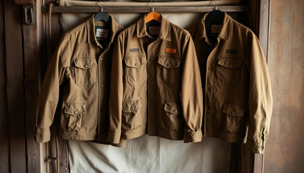 Rugged yet stylish fishing jackets in a range of muted, earthy tones. Weathered and worn, they hang elegantly against a backdrop of natural textures - weathered wood, faded canvas, and aged metal. Ample pockets and reinforced fabric hint at their practical utility, while a sense of adventure and the great outdoors permeates the scene. Soft, directional lighting casts subtle shadows, highlighting the jackets' intricate stitching and sturdy construction. The overall mood is one of functionality seamlessly blended with refined, rustic aesthetics - the perfect attire for the discerning angler.