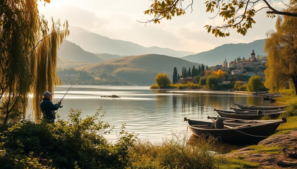 Scenic riverside landscape in southern Ukraine, capturing the essence of fishing in this region. A tranquil lake or river nestled among rolling hills, dotted with lush vegetation and cypress trees. In the foreground, a skilled angler casting their line, patiently waiting for a bite. Warm, golden sunlight filters through the leaves, creating a serene, almost painterly atmosphere. The middle ground features traditional wooden fishing boats moored along the shoreline, hinting at the local fishing culture. In the distance, a picturesque village or rural settlement emerges, blending seamlessly with the natural surroundings. The overall mood is one of peaceful solitude and the joy of connecting with the region's abundant aquatic life.