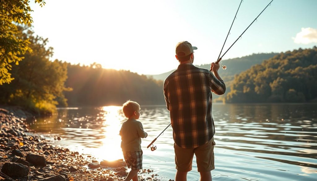 Serene lakeside fishing retreat, sunlight dappling the calm waters as a father and child cast their lines, surrounded by lush green foliage and a picturesque shoreline. The gentle lapping of waves, the whisper of a soft breeze, and the peaceful ambiance invite a sense of tranquility. Warm, golden tones bathe the scene, creating a cozy, family-friendly atmosphere. The composition emphasizes the connection between nature and quality time shared, evoking the perfect setting for a memorable fishing excursion. Serene lakeside fishing retreat, sunlight dappling the calm waters as a father and child cast their lines, surrounded by lush green foliage and a picturesque shoreline. The gentle lapping of waves, the whisper of a soft breeze, and the peaceful ambiance invite a sense of tranquility. Warm, golden tones bathe the scene, creating a cozy, family-friendly atmosphere. The composition emphasizes the connection between nature and quality time shared, evoking the perfect setting for a memorable fishing excursion.