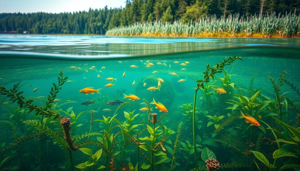 Serene lakeside scene of Lake Yalpug, the largest lake in Ukraine, with its crystal-clear waters and lush, diverse flora and fauna. In the foreground, vibrant aquatic plants sway gently beneath the surface, creating a mesmerizing underwater display. In the middle ground, schools of colorful freshwater fish dart between the submerged vegetation. The background features towering reeds and cattails along the shoreline, with a dense forest backdrop providing a sense of tranquility. The whole scene is bathed in soft, natural lighting, creating a calming, almost ethereal atmosphere that captures the natural beauty and ecological richness of this remarkable Ukrainian lake.