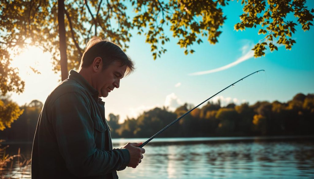 Serene lakeside setting with a lone fisherman intently focused on their line, surrounded by lush greenery and tranquil waters. Warm, soft lighting filters through the trees, casting a calming glow. The fisherman's expression is one of deep concentration, their body language poised and intentional. In the distance, a few wispy clouds drift across a bright, azure sky. The scene exudes a sense of peaceful solitude, inviting the viewer to lose themselves in the moment and find clarity through the simple act of fishing.