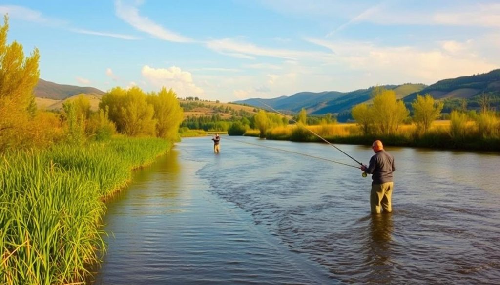 Serene river landscape on the Dniester, showcasing the natural beauty of a fishing tour. Lush green riverbanks dotted with tall reeds and willow trees frame a tranquil, slow-moving waterway. Anglers stand knee-deep in the cool, clear river, their lines cast into the depths, patiently waiting for a bite. Warm afternoon sunlight filters through wispy clouds, casting a gentle glow over the scene. In the distance, rolling hills and forested slopes rise up, creating a picturesque backdrop. The atmosphere evokes a sense of peaceful solitude and connection with the natural world, ideal for an immersive fishing adventure on the Dniester.