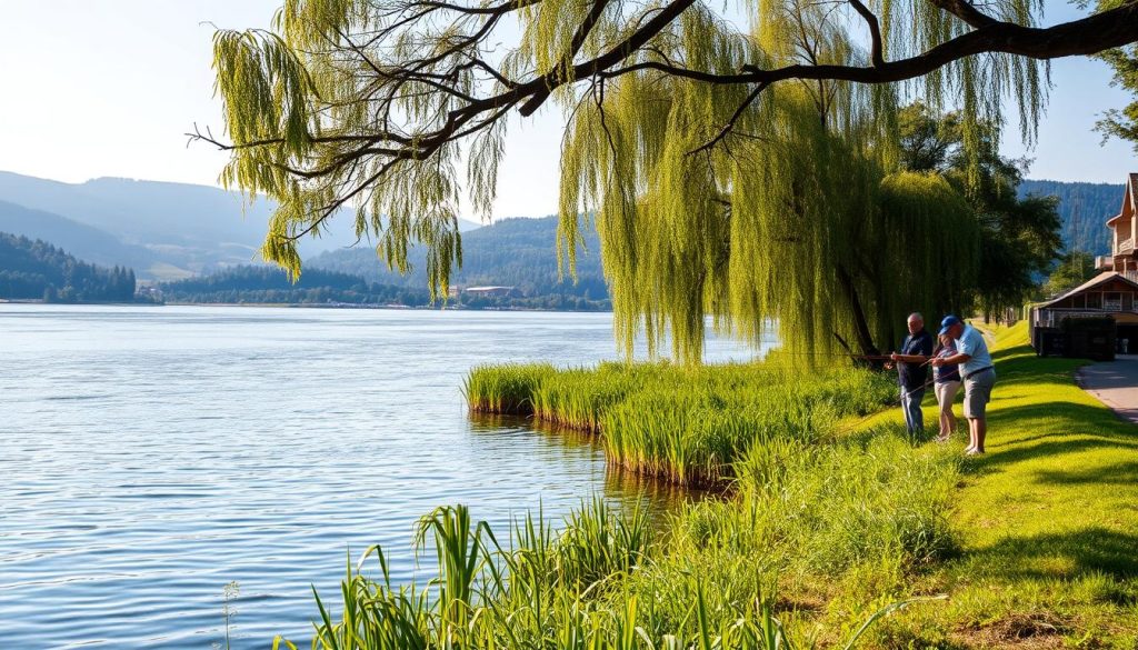 Serene riverscape of the Dnieper River, Ukraine's main waterway. In the foreground, a peaceful fishing scene with anglers casting their lines into the calm, glistening waters. The middle ground features lush, verdant riverbanks dotted with tall reeds and overhanging willow trees, casting soft, dappled shadows. The background showcases the rolling hills and forested landscapes that characterize the Dnieper's picturesque surroundings, bathed in warm, golden sunlight. The overall atmosphere is one of tranquility and natural abundance, inviting the viewer to imagine the diverse fish thriving beneath the surface and the ideal conditions for an enjoyable, successful fishing trip.