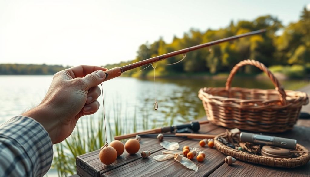 Serene summer day by a tranquil lake. In the foreground, a fisherman's hand delicately holds a classic wooden float fishing rod, the line gently drifting on the still waters. The middle ground reveals an array of fishing tackle - hooks, bait, and a wicker basket, all neatly arranged. In the background, a lush green shoreline with swaying trees provides a picturesque natural setting. Warm, diffused natural lighting casts a soft glow, capturing the peaceful atmosphere of an angler's haven. The scene conveys the skill, patience, and joy of traditional float fishing for prized carp.