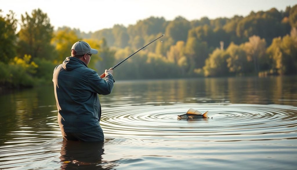 Springtime pike fishing scene: A serene lakeside backdrop, with gentle ripples on the surface and lush, verdant foliage surrounding the shoreline. In the foreground, an experienced angler casts a lifelike lure, its motion creating mesmerizing concentric circles in the water. The light is soft and diffused, casting a warm, golden glow across the entire composition. The angler's posture conveys a sense of focused concentration, their gaze fixed intently on the water, anticipating the strike of a powerful, toothy pike. The overall atmosphere evokes a peaceful tranquility, the stillness broken only by the occasional splash of a fish breaking the surface.