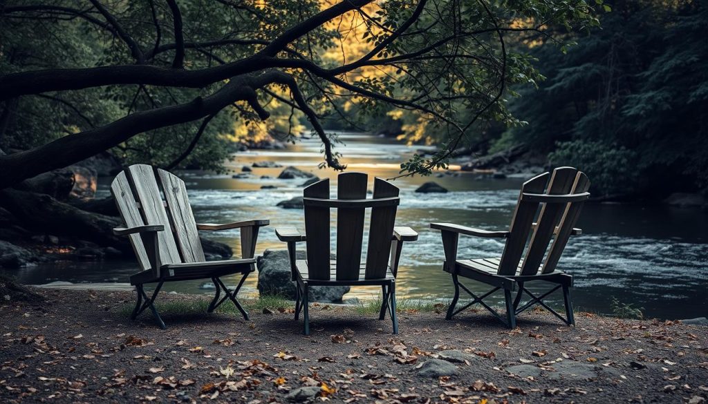 Стулья для рыбалки: a cozy scene of three rustic fishing chairs nestled on a riverbank, surrounded by lush foliage and the gentle flow of a tranquil stream. The chairs, crafted from weathered wood and metal, stand ready to support anglers as they eagerly await their next catch. Soft, diffused lighting filters through the canopy of trees, casting a warm, inviting glow over the scene. The composition is balanced, with the chairs positioned at various angles to create visual interest. The overall atmosphere evokes a sense of peaceful solitude, perfect for a day of relaxed, contemplative fishing.