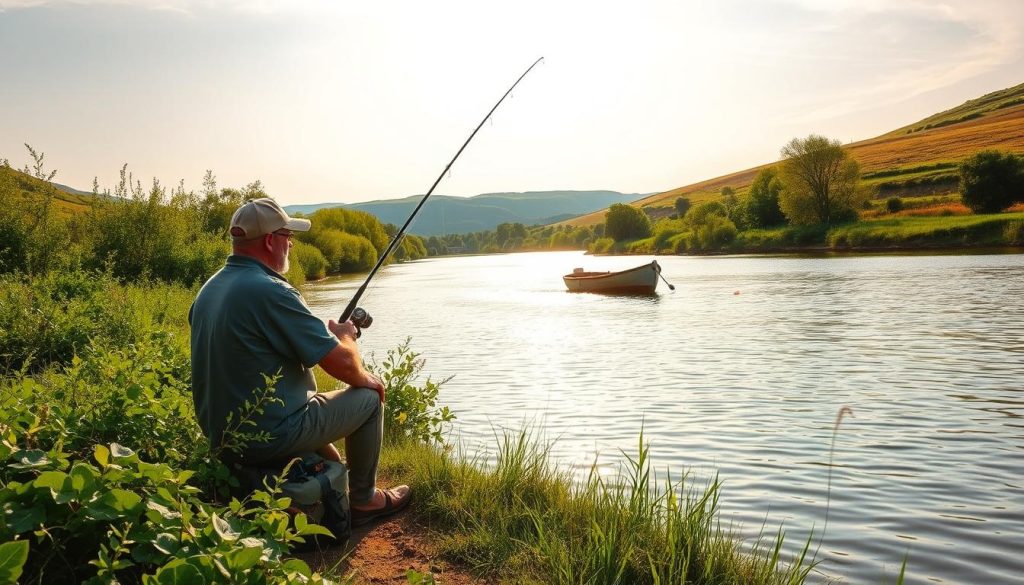 Summer carp fishing: a tranquil scene along a meandering river, with lush green foliage lining the banks. In the foreground, a fisherman in casual attire sits patiently, his rod and reel poised, waiting for the telltale bite of a carp. The water reflects the warm, golden light of the sun, creating a serene atmosphere. In the middle ground, a small wooden boat rests on the riverbank, hinting at the angler's mode of transport. The background features rolling hills and a cloudless sky, emphasizing the peaceful, secluded nature of this summer fishing spot. The overall mood is one of relaxation, immersion in nature, and the thrill of the elusive carp catch.