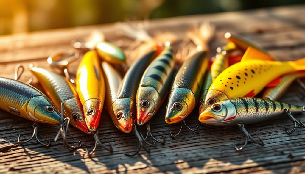 Summer lures for zander: a close-up view of a variety of fishing lures designed for summertime zander (pike-perch) fishing. The lures are arranged on a rustic wooden surface, with a mix of soft plastics, crankbaits, and jigs in vibrant colors and patterns. The lighting is natural and warm, casting a golden glow over the scene. The composition emphasizes the intricate details and textures of the lures, inviting the viewer to imagine their use in the water. The overall mood is one of anticipation and preparation for a successful zander fishing trip during the summer season.