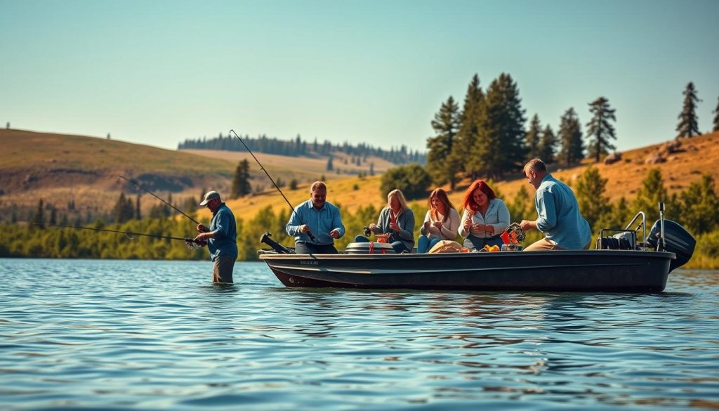 Vibrant corporate fishing scene with a group of businesspeople enjoying a day on the water. In the foreground, anglers cast their lines into a serene lake, the gentle ripples reflecting the surrounding lush greenery. In the middle ground, coworkers engage in friendly competition, comparing their catches and sharing a hearty meal. The background features a picturesque landscape with rolling hills, towering pines, and a clear blue sky overhead, illuminated by soft, natural lighting. The atmosphere conveys a sense of camaraderie, relaxation, and the unique bonding experience of a corporate fishing retreat.