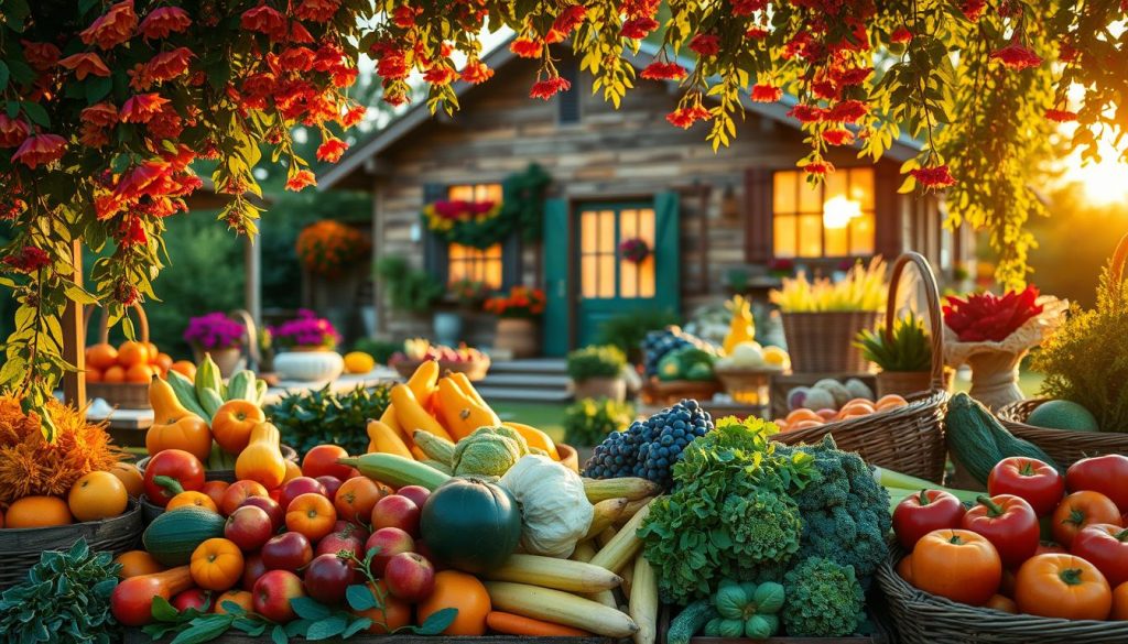 Vibrant seasonal content, with lush foliage and colorful blooms cascading across a warm, sun-dappled landscape. In the foreground, an array of fresh produce, ripe and inviting, arranged artfully against a backdrop of rustic wooden crates and woven baskets. Glimpses of a cozy, autumnal home in the middle ground, its windows aglow with the golden light of the setting sun. A sense of abundance, harvest, and the cyclical nature of the seasons permeates the scene, captured through a wide-angle lens with a shallow depth of field, creating a dreamlike, nostalgic atmosphere.