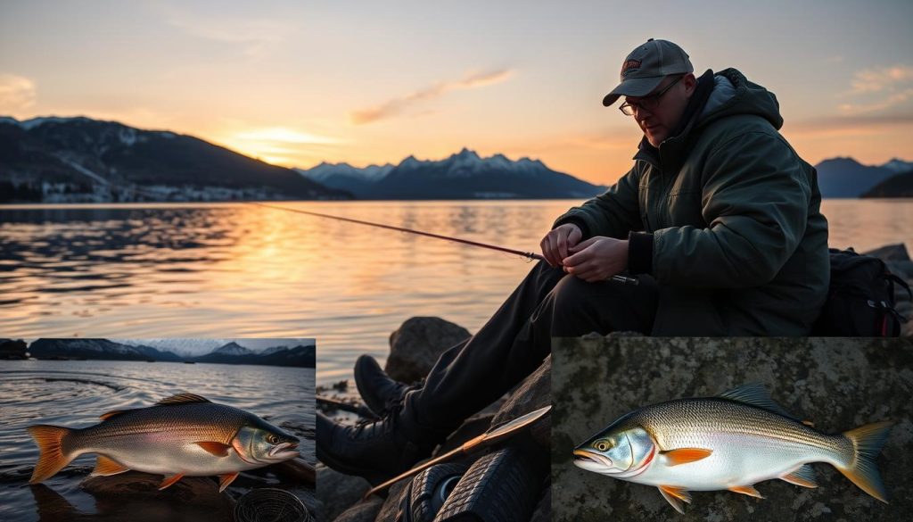 vidéo et photos de pêche au bord d'un lac paisible avec des paysages de montagnes enneigées en arrière-plan, éclairées par une lumière dorée et douce du coucher de soleil. Un pêcheur est assis sur un rocher, préparant son matériel de pêche, tandis que d'autres poissons sont capturés et montrés fièrement à la caméra. L'ambiance est calme et sereine, reflétant le plaisir et la détente de cette activité.
