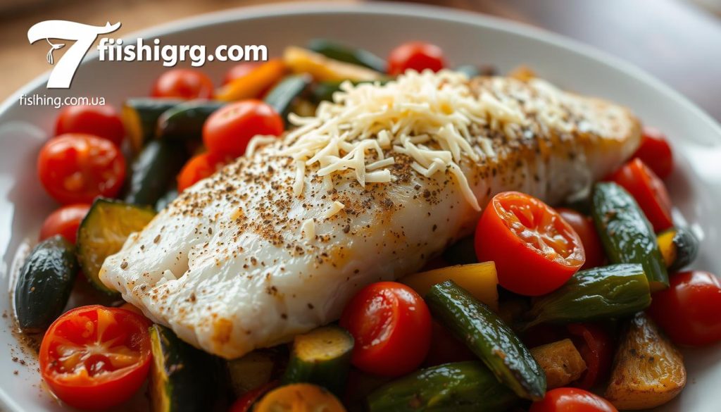 A baked Alaskan pollock (минтай) fillet, lightly seasoned with herbs and spices, resting on a bed of roasted vegetables - zucchini, bell peppers, and cherry tomatoes. The fish is topped with shredded melted cheese, creating a harmonious fusion of flavors. The scene is captured in a warm, natural lighting, shot from a slightly elevated angle to showcase the enticing dish. In the background, a logo for 7fishing.com.ua provides a subtle branding touch.