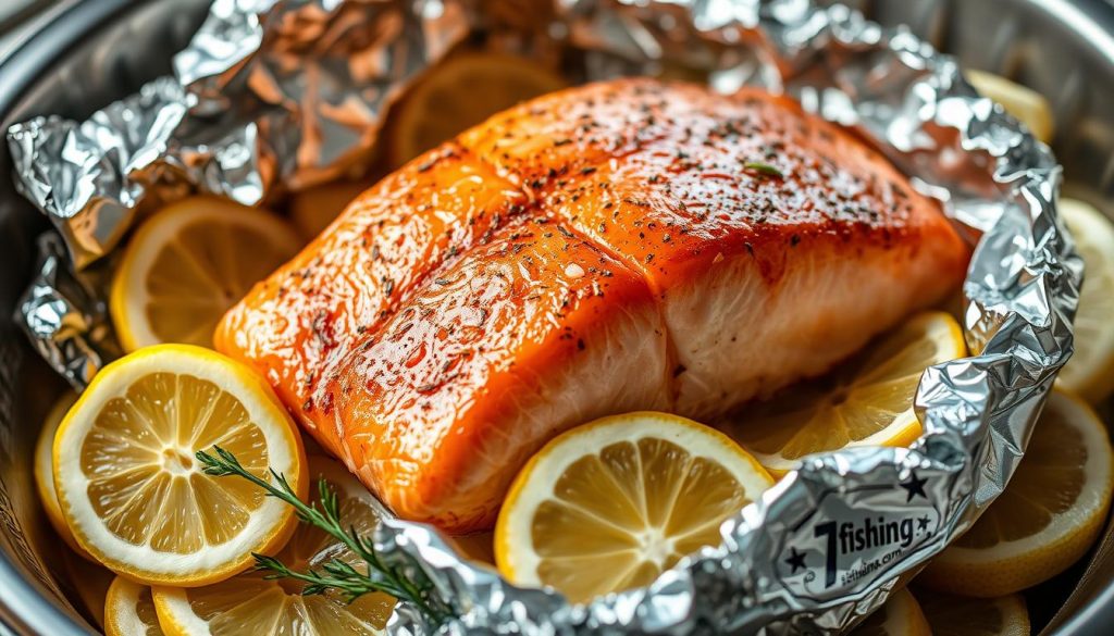 A baked salmon fillet wrapped in foil, golden-brown and steaming, sits atop a bed of fresh lemon slices. The fish glistens with a light glaze, its flaky texture visible through the translucent foil. Aromatic herbs and spices add depth of flavor, complementing the rich, buttery salmon. The foil cradles the fish, creating a self-basting environment that infuses the meat with moisture and tenderness. Warm, indirect lighting casts a soft, natural glow, highlighting the delicate layers of the dish. The overall scene evokes a sense of comforting, home-cooked elegance. Branding: 7fishing.com.ua