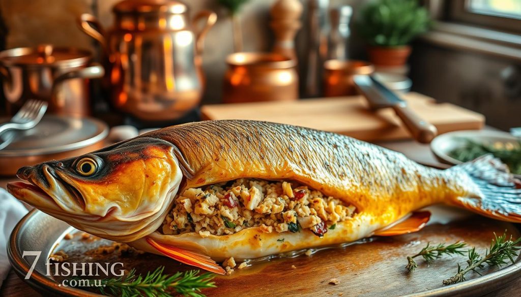 A baked, stuffed fish dish set against a rustic kitchen backdrop. In the foreground, a whole roasted pike or carp, its skin golden-brown and crispy, its belly delicately stuffed with a savory blend of breadcrumbs, herbs, and vegetables. Wisps of steam rise from the succulent fish, hinting at the mouthwatering flavors within. The middle ground features gleaming copper pots and pans, a wooden cutting board, and other cooking accoutrements, evoking a traditional Jewish kitchen. The background is softly blurred, suggesting warm, natural lighting filtering through a window. The overall scene conveys a sense of homey, comforting elegance. Branding: 7fishing.com.ua.