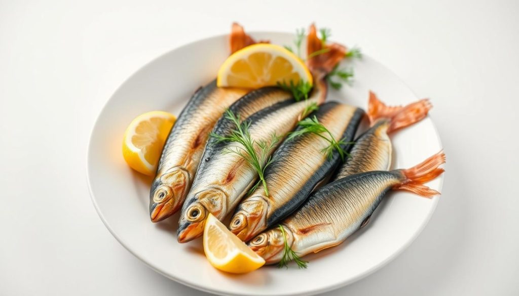 A beautifully arranged plate showcasing a platter of freshly baked Norwegian smelt, or mойвa, presented against a crisp white backdrop. The fish are delicately placed, their golden-brown hue glistening under the soft, diffused lighting. Sprigs of fresh dill and lemon wedges are strategically positioned to add pops of color and complement the seafood's natural flavors. The overall composition exudes an elegant, restaurant-quality presentation, captured with a high-quality camera lens to emphasize the intricate details. This visually appealing image would seamlessly complement the "Подавание и оформление блюда" section of the article "Вкусная мойва в духовке: легкий рецепт" on the website 7fishing.com.ua.