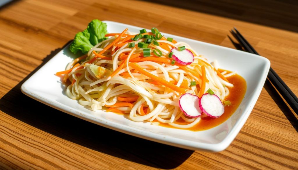 A beautifully arranged traditional Korean salad (서양 상) on a wooden table. The salad features a harmonious blend of fresh vegetables, including crisp cabbage, juicy carrots, and crunchy bean sprouts, dressed in a tangy, umami-rich Korean dressing. The plate is accented with delicate garnishes like thinly sliced radish and green onion, creating a visually striking and appetizing presentation. Soft, natural lighting casts warm shadows, highlighting the vibrant colors and textures of the dish. The scene evokes a sense of simplicity and authenticity, inviting the viewer to savor the flavors of traditional Korean cuisine. 7fishing.com.ua