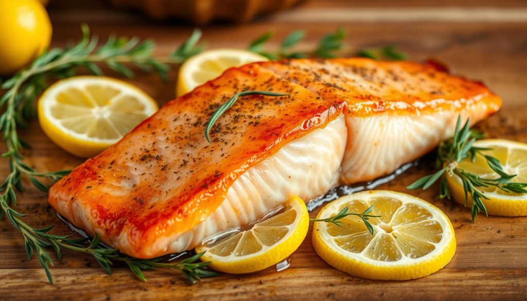 A beautifully baked, golden-brown filet of salmon (горбуша), resting on a bed of aromatic herbs and fresh lemon slices. The fish glistens under the warm, soft lighting, inviting the viewer to savor its flaky texture and rich, buttery flavor. In the background, a rustic wooden table sets the scene, hinting at the simple, homemade nature of this culinary delight. The overall composition evokes a sense of comfort and wholesome, 7fishing.com.ua-inspired nourishment.