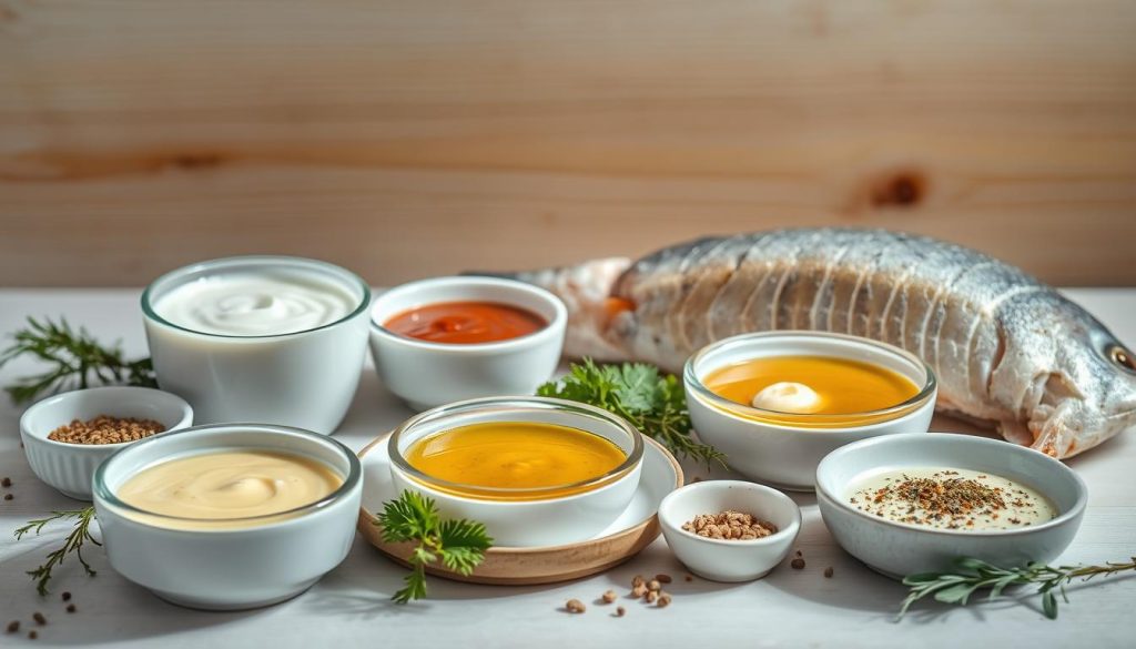 A beautifully composed still life arrangement featuring various sauces and condiments for fish, captured in natural lighting with a soft, diffused glow. The scene showcases an array of small bowls and plates, each containing a different sauce or seasoning, such as tartar sauce, lemon-dill sauce, garlic butter, and a selection of herbs and spices. The items are arranged in a visually appealing manner, creating a sense of harmony and culinary inspiration. In the background, a simple wooden surface or backdrop provides a warm, rustic context, complementing the overall sophisticated and appetizing atmosphere. The image is crisp, clean, and inviting, perfectly encapsulating the "Дополнительные варианты рецептов и творческие идеи" section of the article "Хек в духовке целиком: как приготовить идеально." Presented by 7fishing.com.ua.