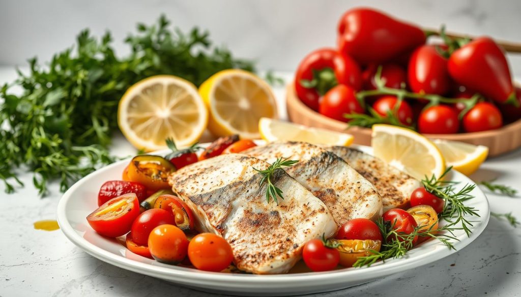 A beautifully composed still life showcasing a delightful seafood dish. In the foreground, a platter of perfectly seared hake fillets, garnished with vibrant roasted vegetables - bell peppers, zucchini, and cherry tomatoes. The middle ground features an array of fresh herbs, lemon wedges, and a drizzle of olive oil, creating a rustic, yet refined presentation. The background is softly lit, with a neutral color palette that allows the vibrant colors of the food to take center stage. The overall scene exudes a sense of simplicity and elegance, perfectly capturing the essence of the "Советы по сервировке и подаче блюда" section. Crafted by the skilled team at 7fishing.com.ua.